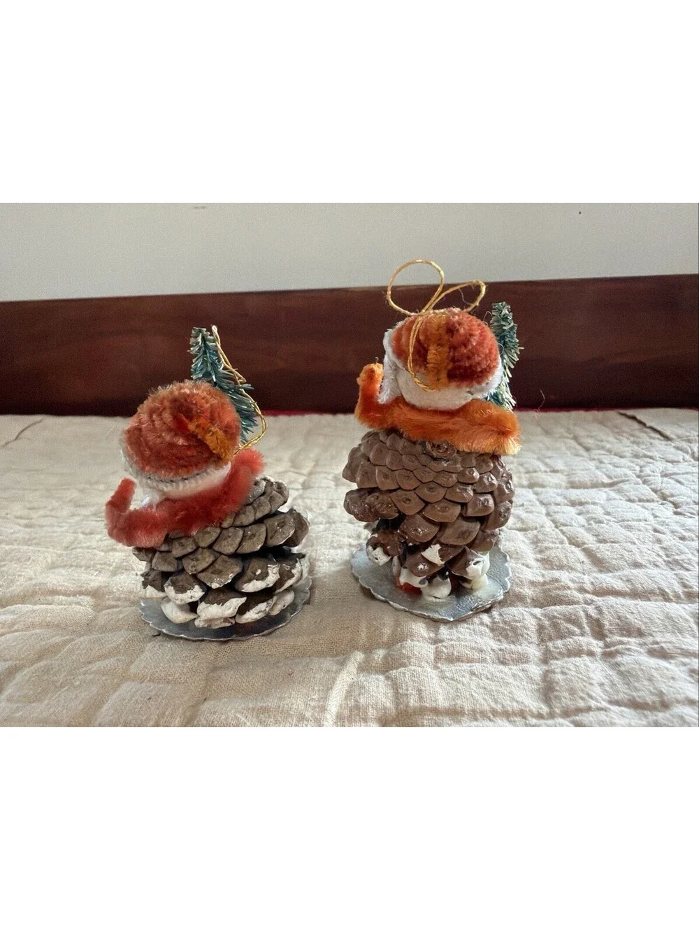 2 Vintage Japan Pinecone Elf Gnome Figures Putz Christmas Ornament Decorations
